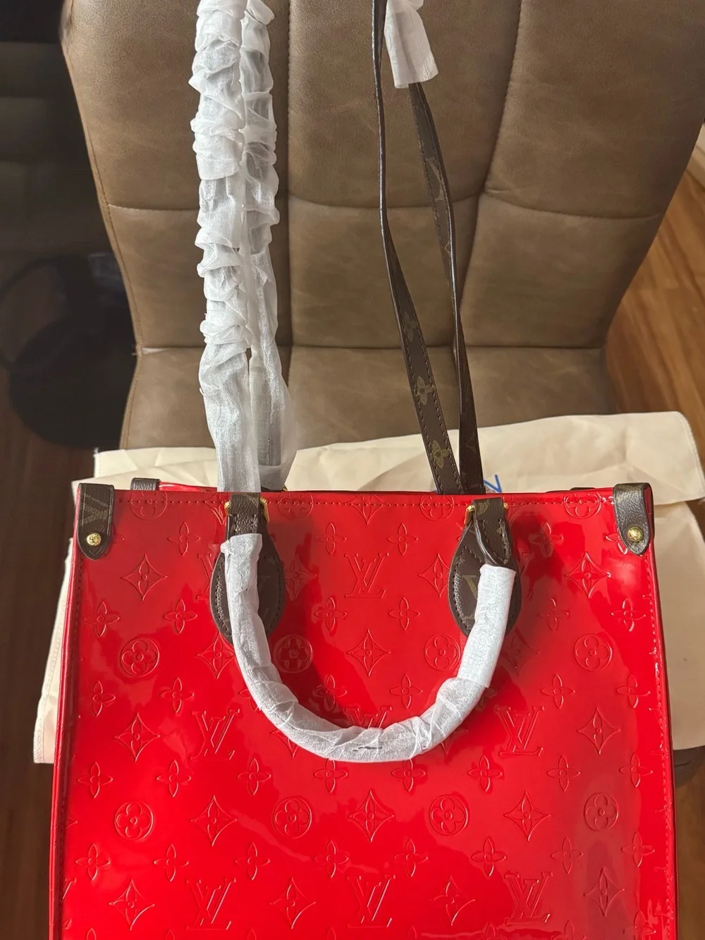 INSPIRED Medium Red Monogram Patent Tote